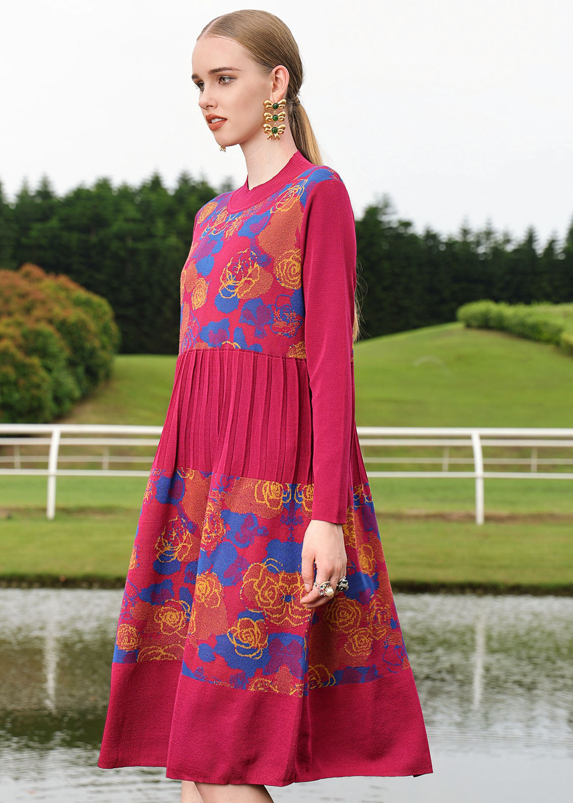 Boutique Mulberry O-neck Print Wrinkled Wool Knit Sweater Long Dress Fall