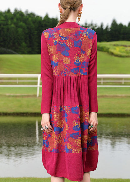 Boutique Mulberry O-neck Print Wrinkled Wool Knit Sweater Long Dress Fall