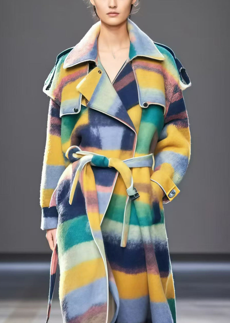 Boutique Multicolor Tie Waist Warm Woolen Trench Fall