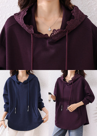 Boutique Navy Hooded Pockets Cotton Loose Sweatshirt Fall