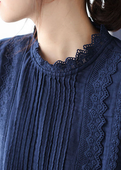 Boutique Navy Lace Patchwork Cotton Top Spring