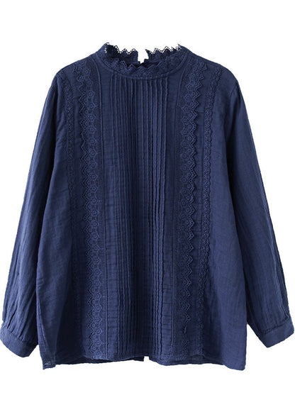 Boutique Navy Lace Patchwork Cotton Top Spring