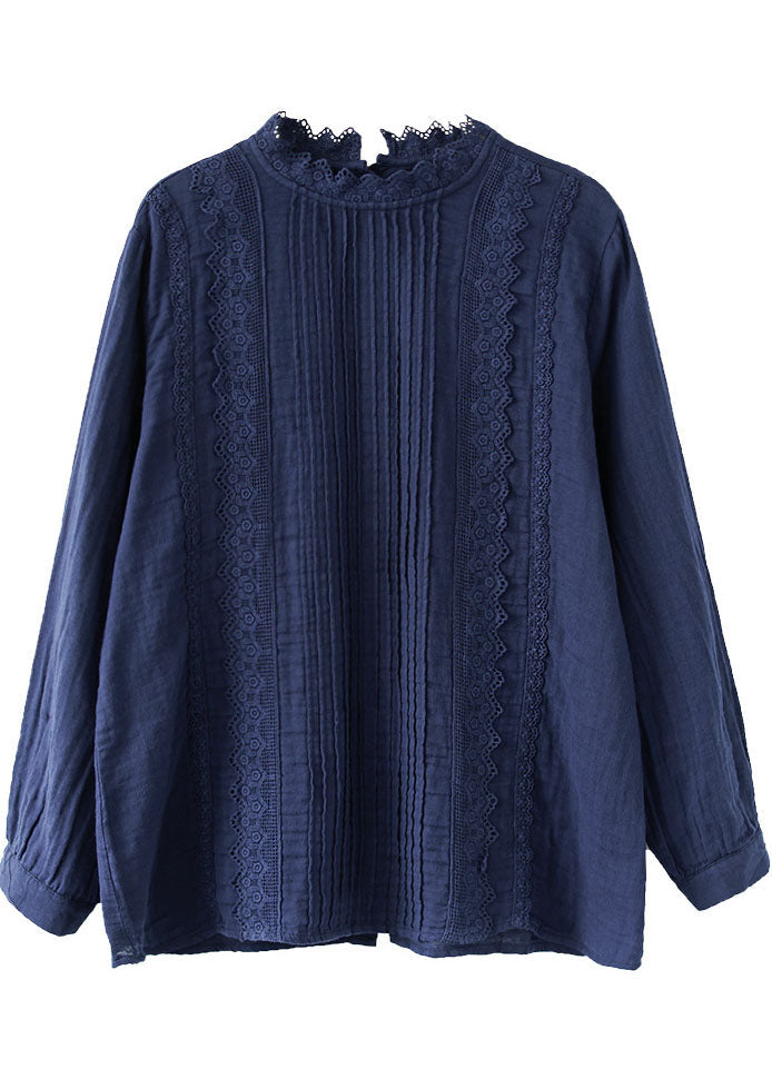 Boutique Navy Lace Patchwork Cotton Top Spring