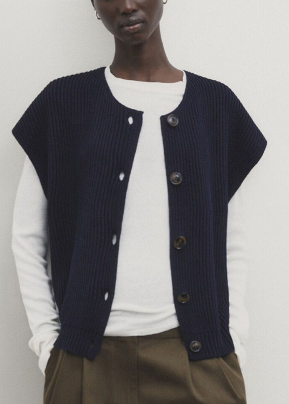 Boutique Navy O-neck Button Cotton Knit Waistcoat Short Sleeveless