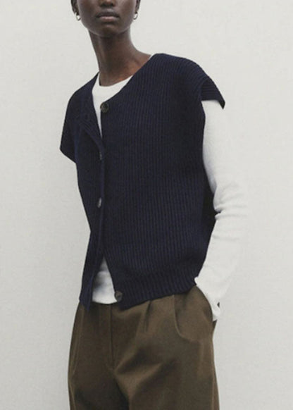 Boutique Navy O-neck Button Cotton Knit Waistcoat Short Sleeveless