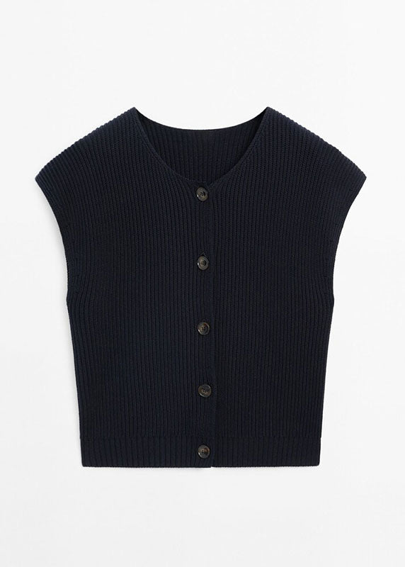 Boutique Navy O-neck Button Cotton Knit Waistcoat Short Sleeveless