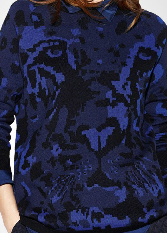 Boutique Navy O-neck Patchwork Print Wool Knit Shirts Winter