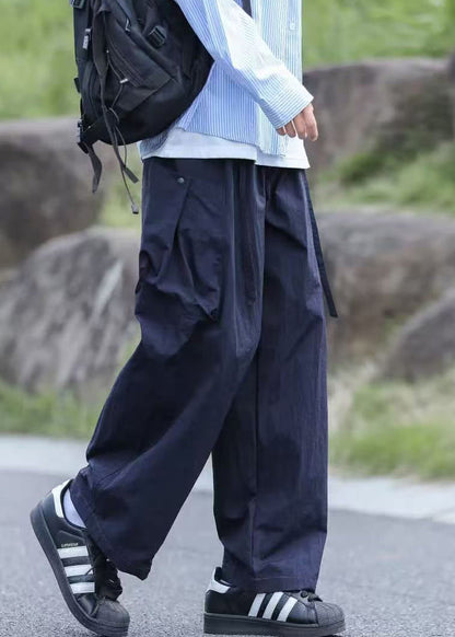 Boutique Navy Pockets Lace Up Cotton Pants Summer
