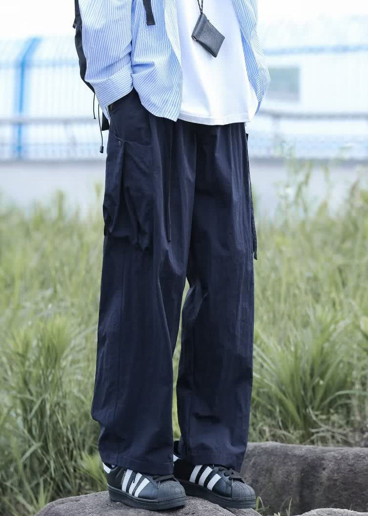 Boutique Navy Pockets Lace Up Cotton Pants Summer