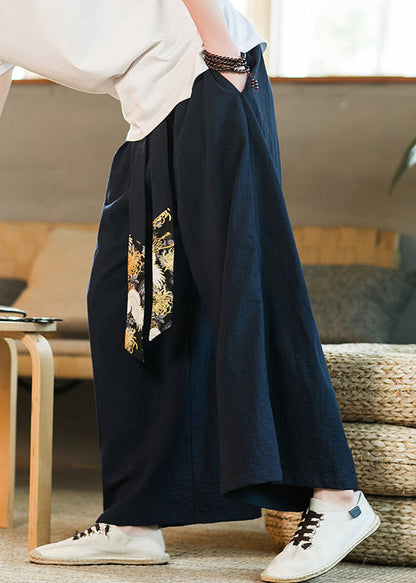 Boutique Navy Pockets Ribbon Patchwork Cotton Pants Summer