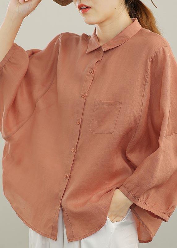 Boutique Orange Batwing Sleeve Peter Pan Collar Linen Blouse Tops Summer