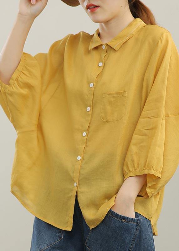 Boutique Orange Batwing Sleeve Peter Pan Collar Linen Blouse Tops Summer