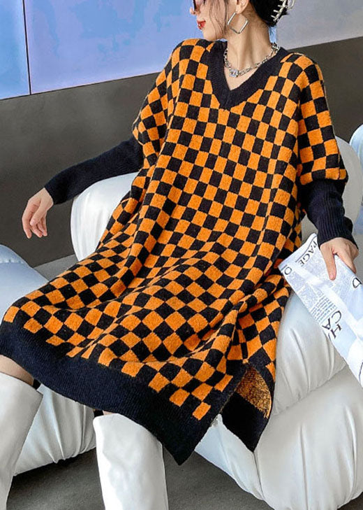 Boutique Orange Black Plaid Thick Cozy Winter Long Sweater