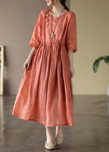 Boutique Orange O-neck Cinched Patchwork Linen Long Dress Summer