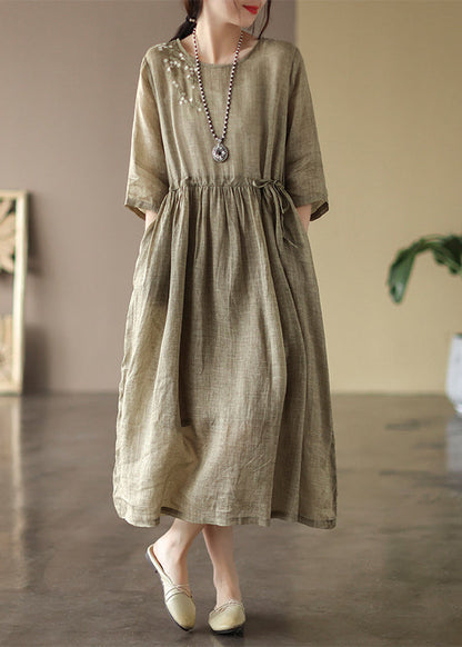 Boutique Orange O-neck Cinched Patchwork Linen Long Dress Summer