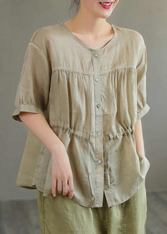 Boutique Orange O-neck Drawstring Button Linen Short Sleeve