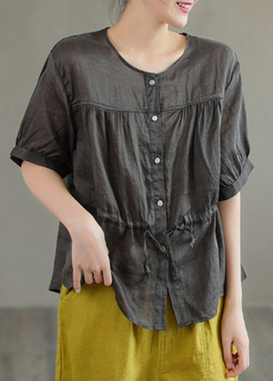 Boutique Orange O-neck Drawstring Button Linen Short Sleeve