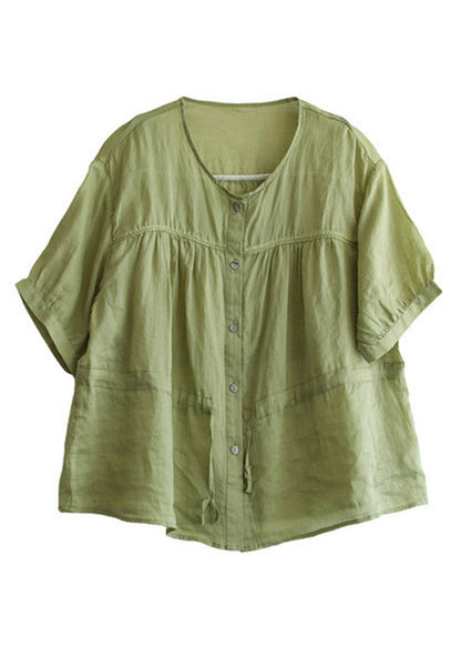 Boutique Orange O-neck Drawstring Button Linen Short Sleeve
