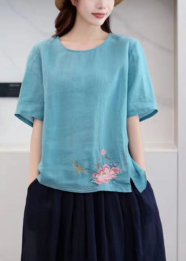 Boutique Orange O-neck Embroideried Low High Design Ramie T Shirt Summer
