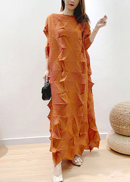 Boutique Orange O-neck Wrinkled Dress Puff Sleeve