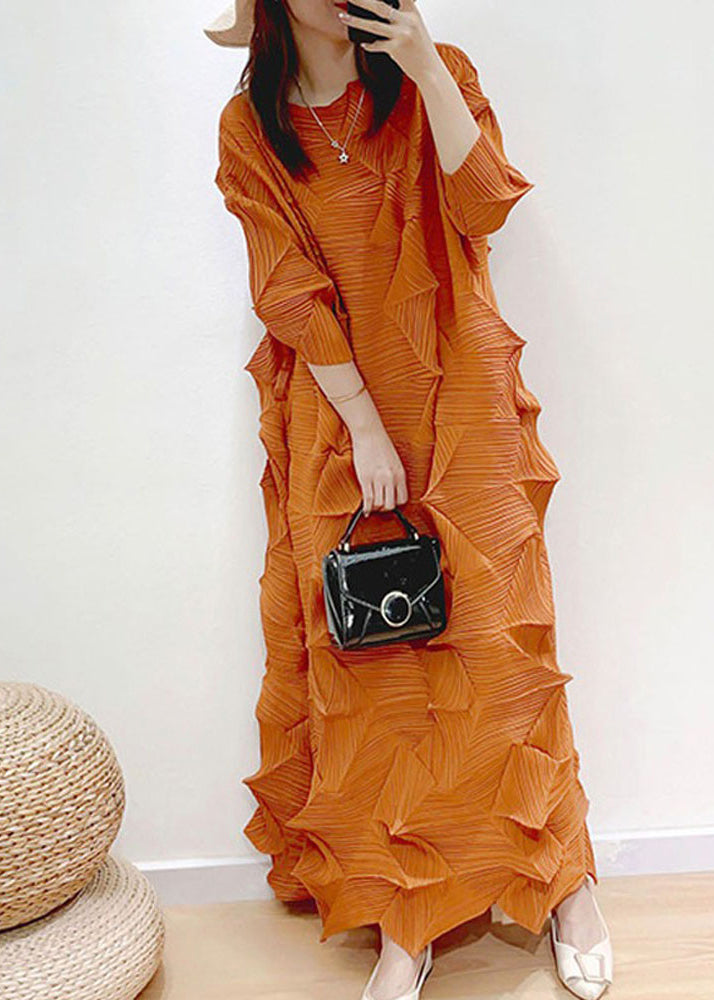 Boutique Orange O-neck Wrinkled Dress Puff Sleeve