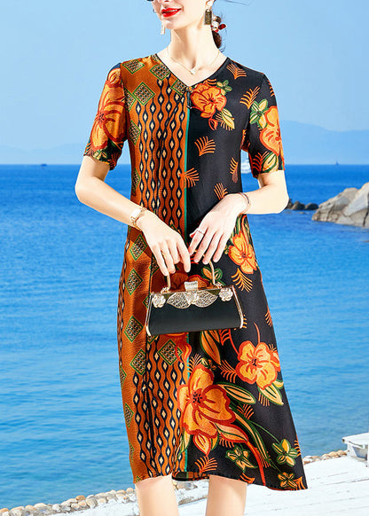 Boutique Orange V Neck Patchwork Print Silk Dress for Wemon Short Sleeve