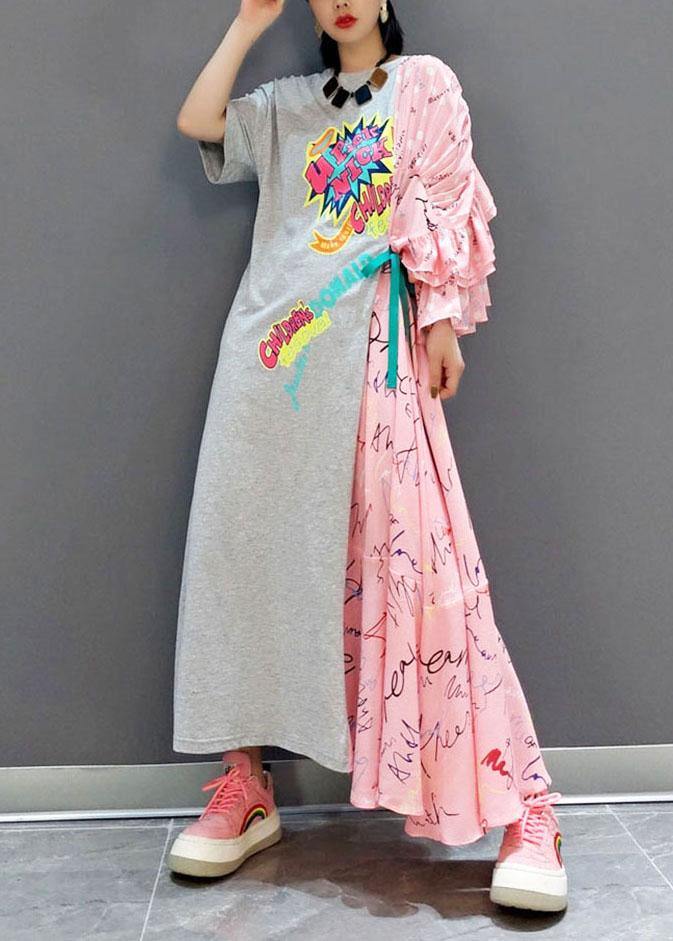 Boutique Patchwork O-neck Print Half Sleeve Asymmetrical Design Fall Long Dress