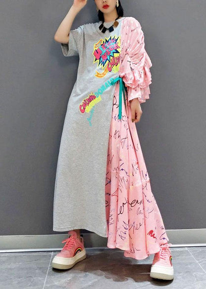 Boutique Patchwork O-neck Print Half Sleeve Asymmetrical Design Fall Long Dress