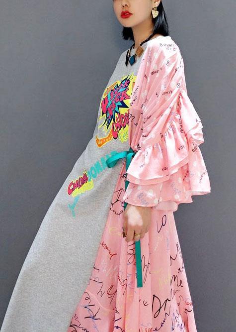 Boutique Patchwork O-neck Print Half Sleeve Asymmetrical Design Fall Long Dress