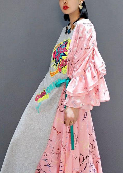 Boutique Patchwork O-neck Print Half Sleeve Asymmetrical Design Fall Long Dress