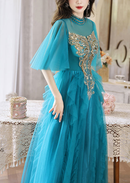 Boutique Peacock Blue Sequins Highwaist Long Dresses Half Sleeve