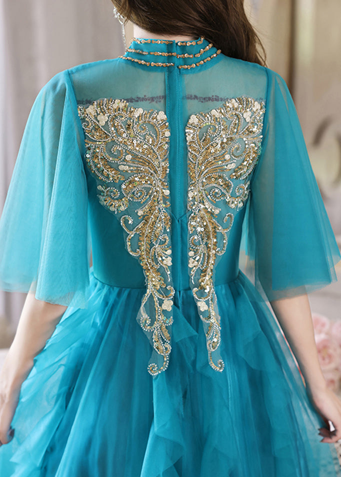 Boutique Peacock Blue Sequins Highwaist Long Dresses Half Sleeve