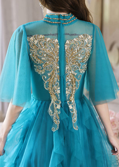 Boutique Peacock Blue Sequins Highwaist Long Dresses Half Sleeve
