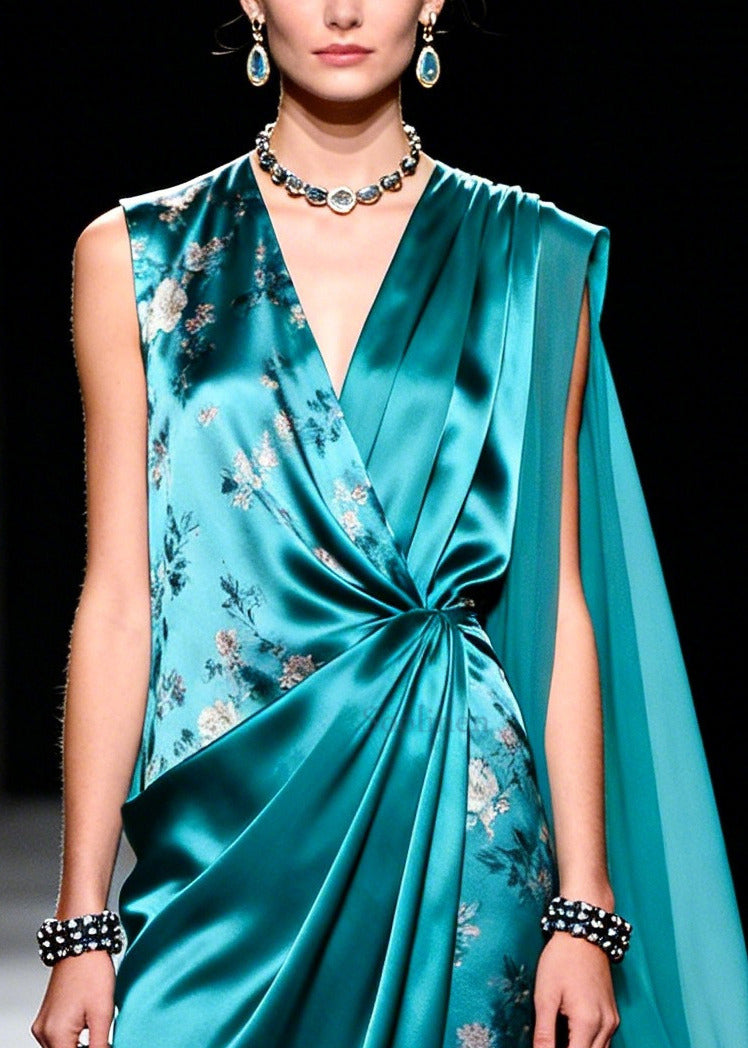 Boutique Peacock Green Asymmetrical Design Print Chiffon Dresses Summer