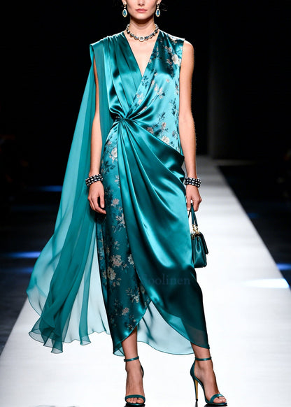 Boutique Peacock Green Asymmetrical Design Print Chiffon Dresses Summer