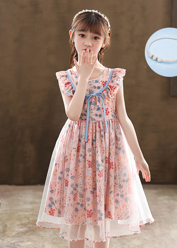 Boutique Pink Cinched Print Tulle Kids Robe Dresses Summer