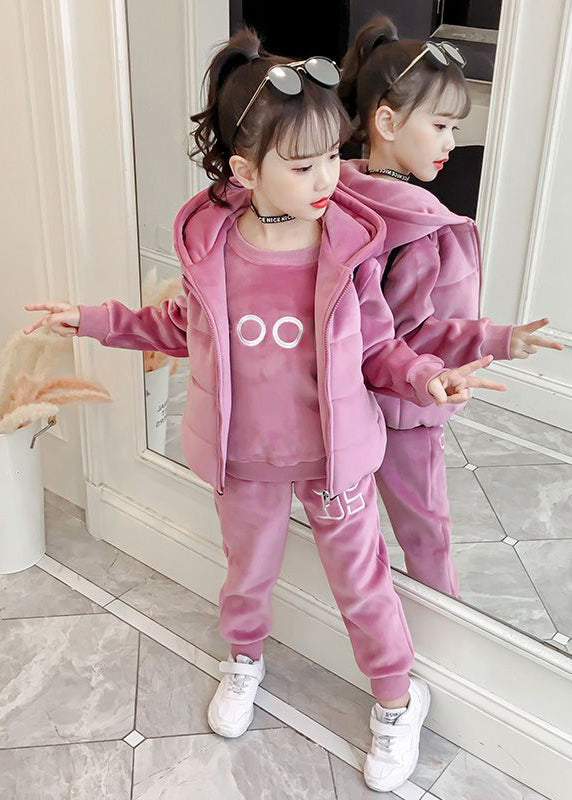 Boutique Pink Embroideried Tops and Pants Velour Two Pieces Set Winter