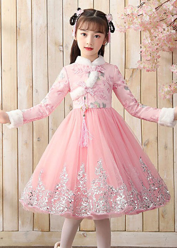 Boutique Pink Fur Collar Tulle Patchwork Warm Fleece Maxi Dresses Winter