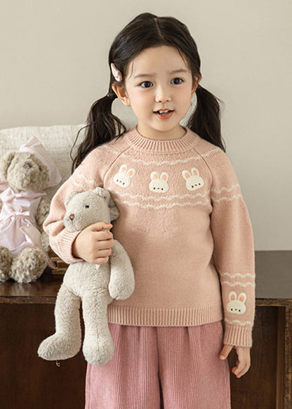 Boutique Pink O-neck Embroideried Cotton Knit Sweater Tops Spring
