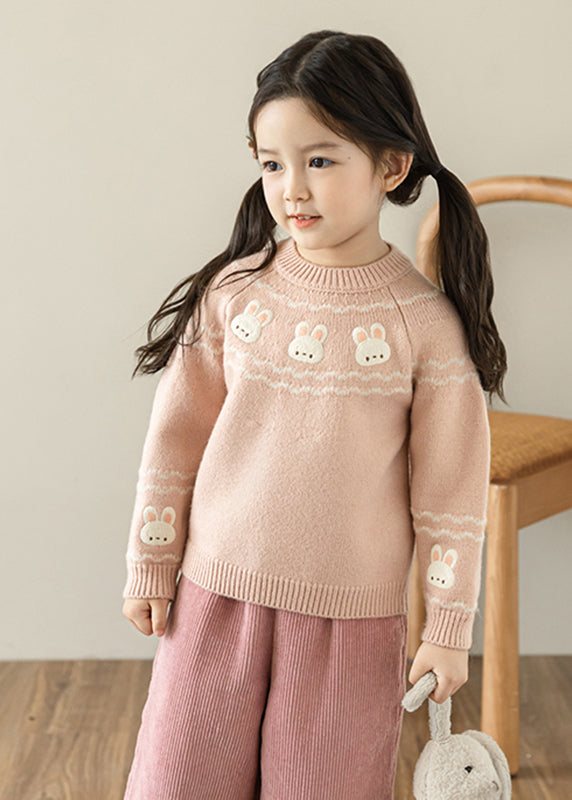Boutique Pink O-neck Embroideried Cotton Knit Sweater Tops Spring