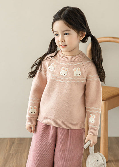 Boutique Pink O-neck Embroideried Cotton Knit Sweater Tops Spring