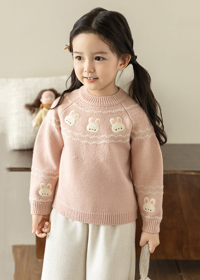 Boutique Pink O-neck Embroideried Cotton Knit Sweater Tops Spring