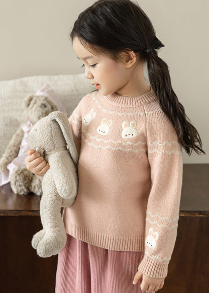 Boutique Pink O-neck Embroideried Cotton Knit Sweater Tops Spring