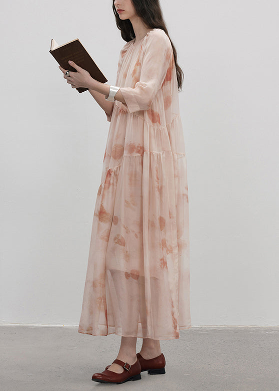 Boutique Pink O-neck Print Patchwork Silk Dresses Summer