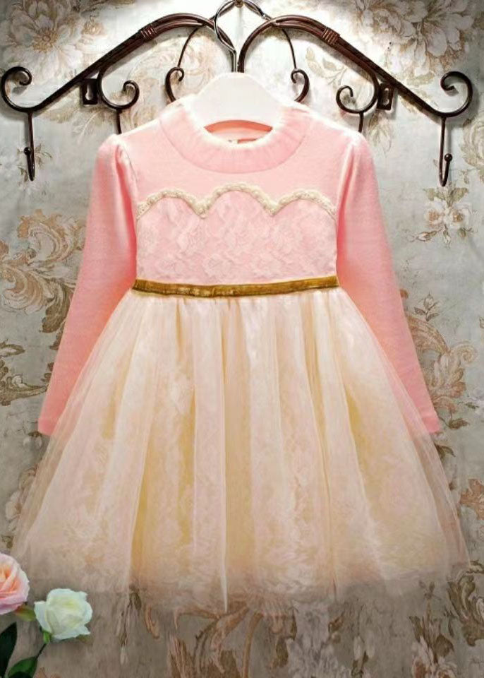 Boutique Pink O-neck Ruffled Patchwork Tulle Kids Maxi Dresses Fall