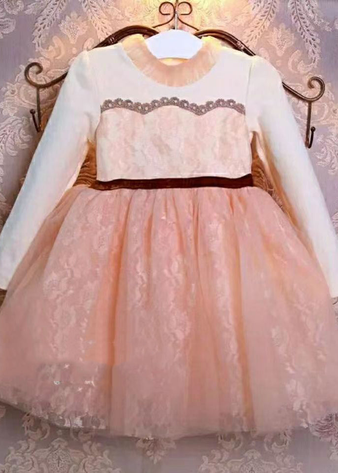 Boutique Pink O-neck Ruffled Patchwork Tulle Kids Maxi Dresses Fall