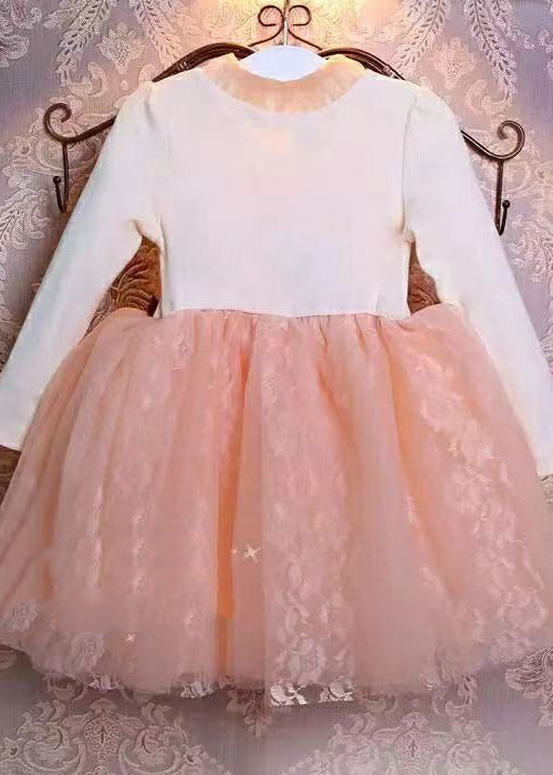 Boutique Pink O-neck Ruffled Patchwork Tulle Kids Maxi Dresses Fall
