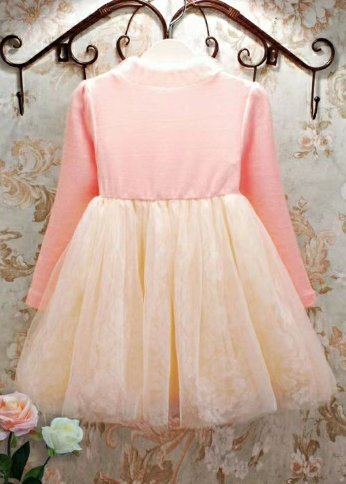 Boutique Pink O-neck Ruffled Patchwork Tulle Kids Maxi Dresses Fall
