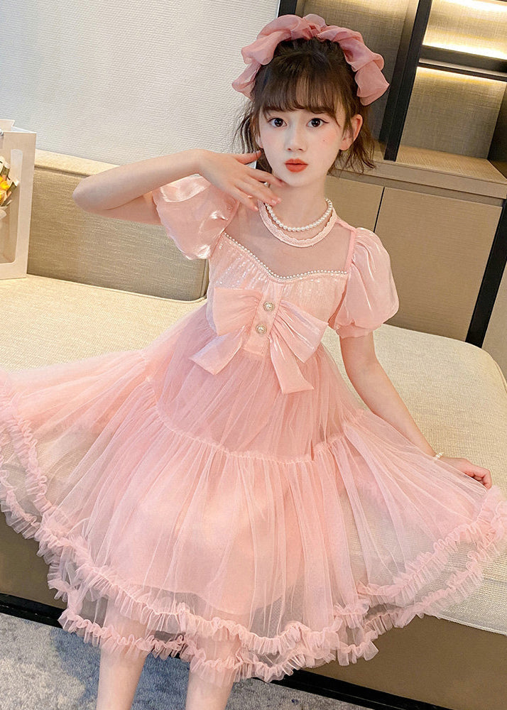 Boutique Pink Puff Sleeve Patchwork Tulle Baby Maxi Dress Summer