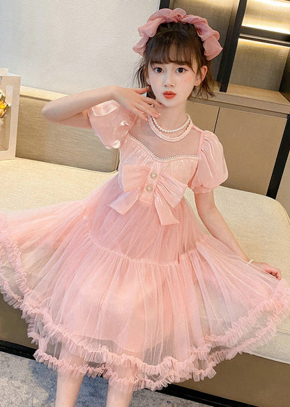 Boutique Pink Puff Sleeve Patchwork Tulle Baby Maxi Dress Summer